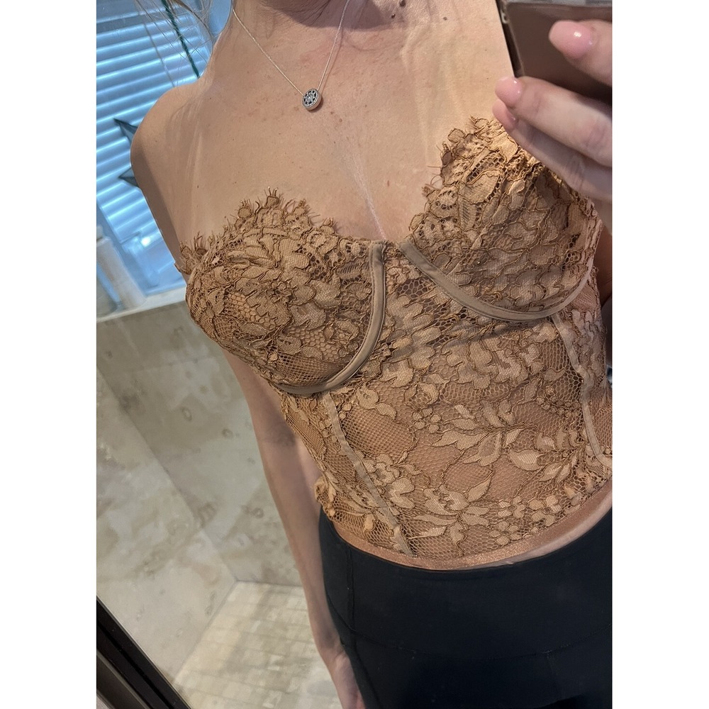 Express Lace Overlay Corset Bustier Tube Top Tan Brown Y2K Barbiecore Womens 6
